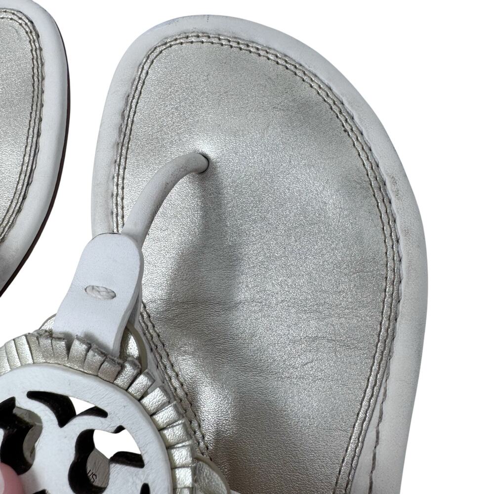 TORY BURCH Metallic Gold Cream Fringe Miller Logo Sandals Flip Flops Size 6.5 - Picture 7 of 12
